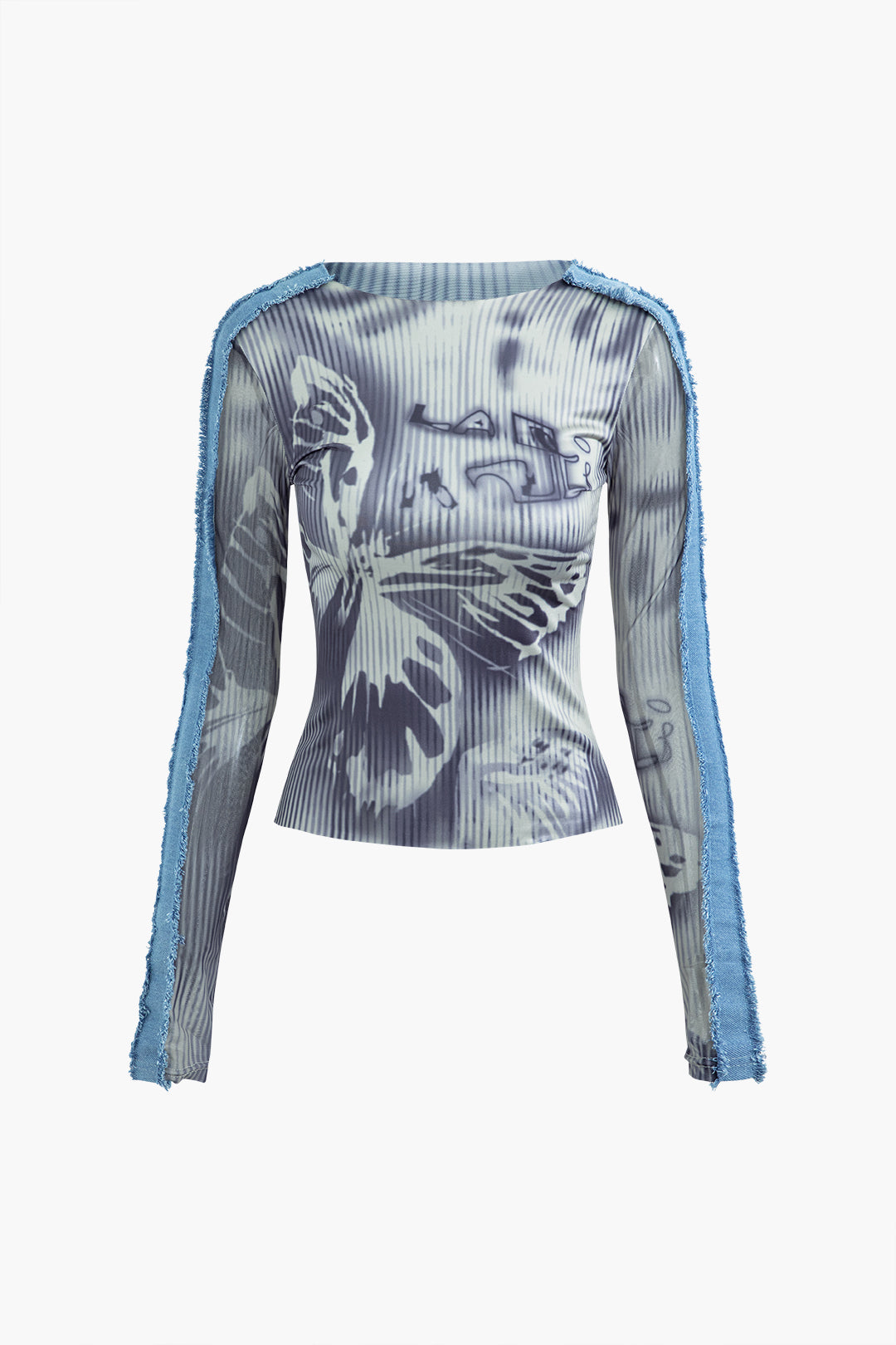 Butterfly Pattern Round Neck Long Sleeve Top in Y2K Aesthetic Style for Cute Outfits