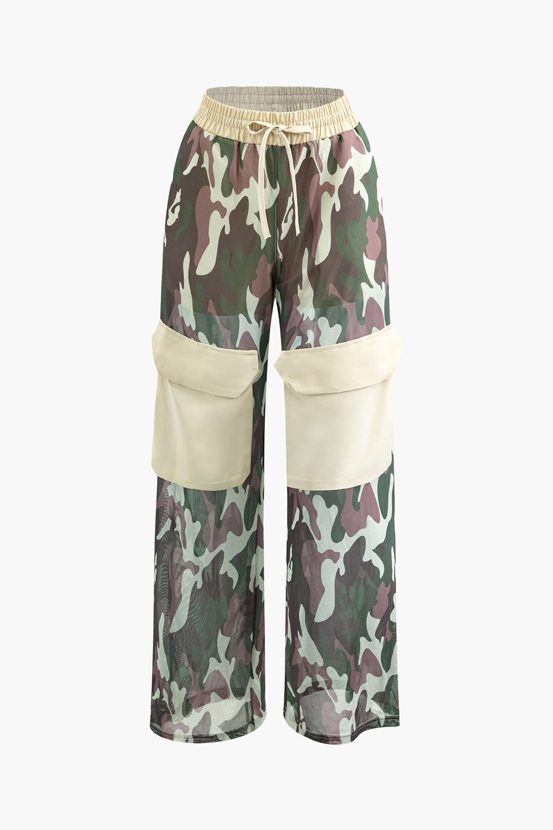 Camo Contrast High-Waisted Mesh Drawstring Cargo Pants for Y2K Aesthetic Outfits