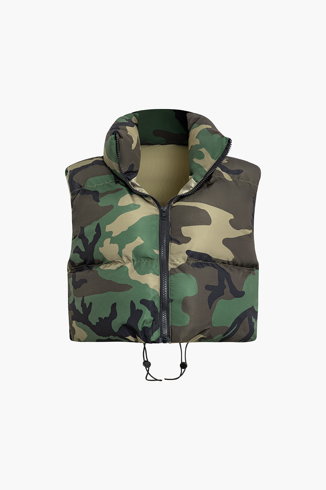 Camo Drawstring Zipper Stand Collar Vest - Y2K Aesthetic Layering Essential for Trendy Outfits