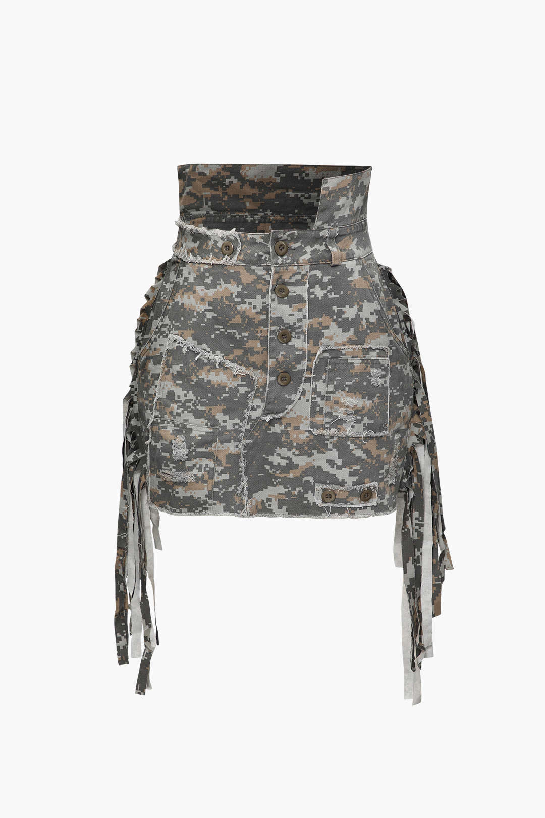 Camo Frayed Patchwork Fringe Mini Skirt - Y2K Aesthetic Grunge Style for Trendy Outfits