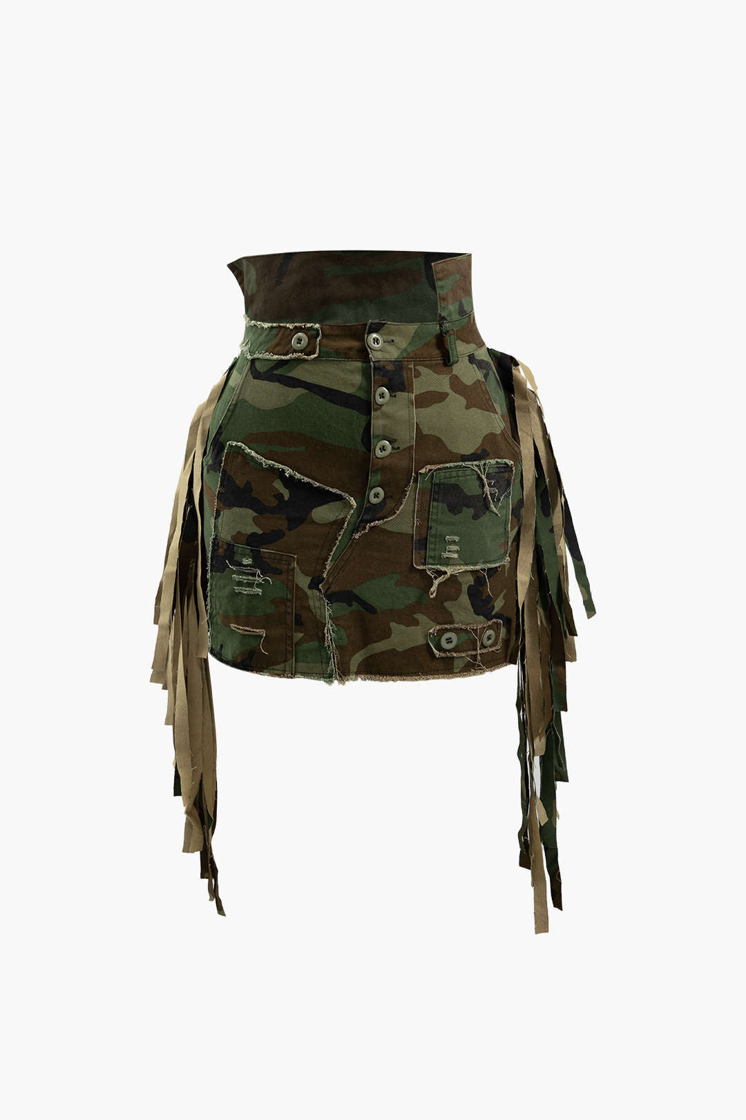 Camo Frayed Patchwork Fringe Mini Skirt - Y2K Aesthetic Grunge Style for Trendy Outfits