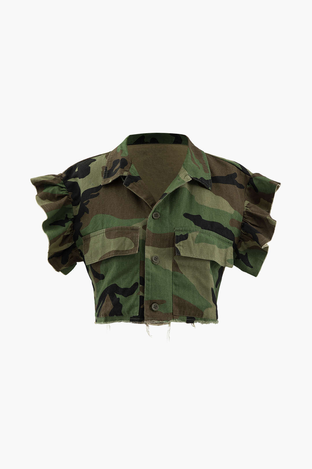 Camo Ruffle Sleeve Crop Top with Frayed Hem - Y2K Aesthetic Cute Top for Trendy Outfits