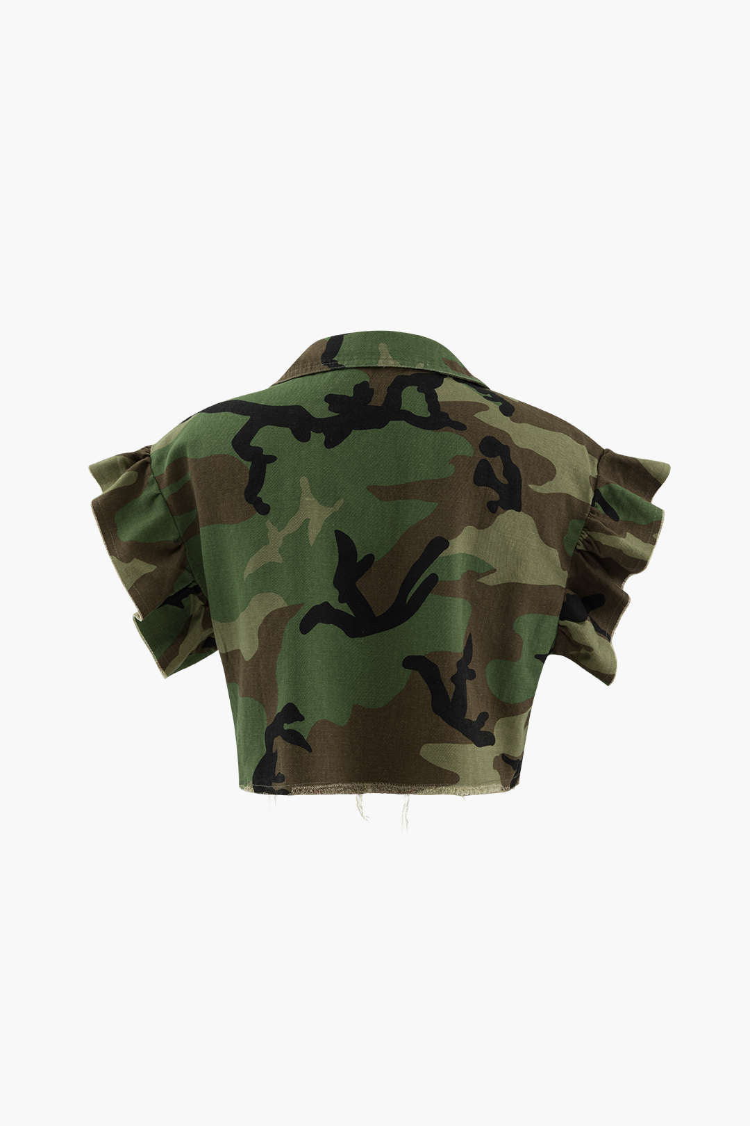 Camo Ruffle Sleeve Crop Top with Frayed Hem - Y2K Aesthetic Cute Top for Trendy Outfits