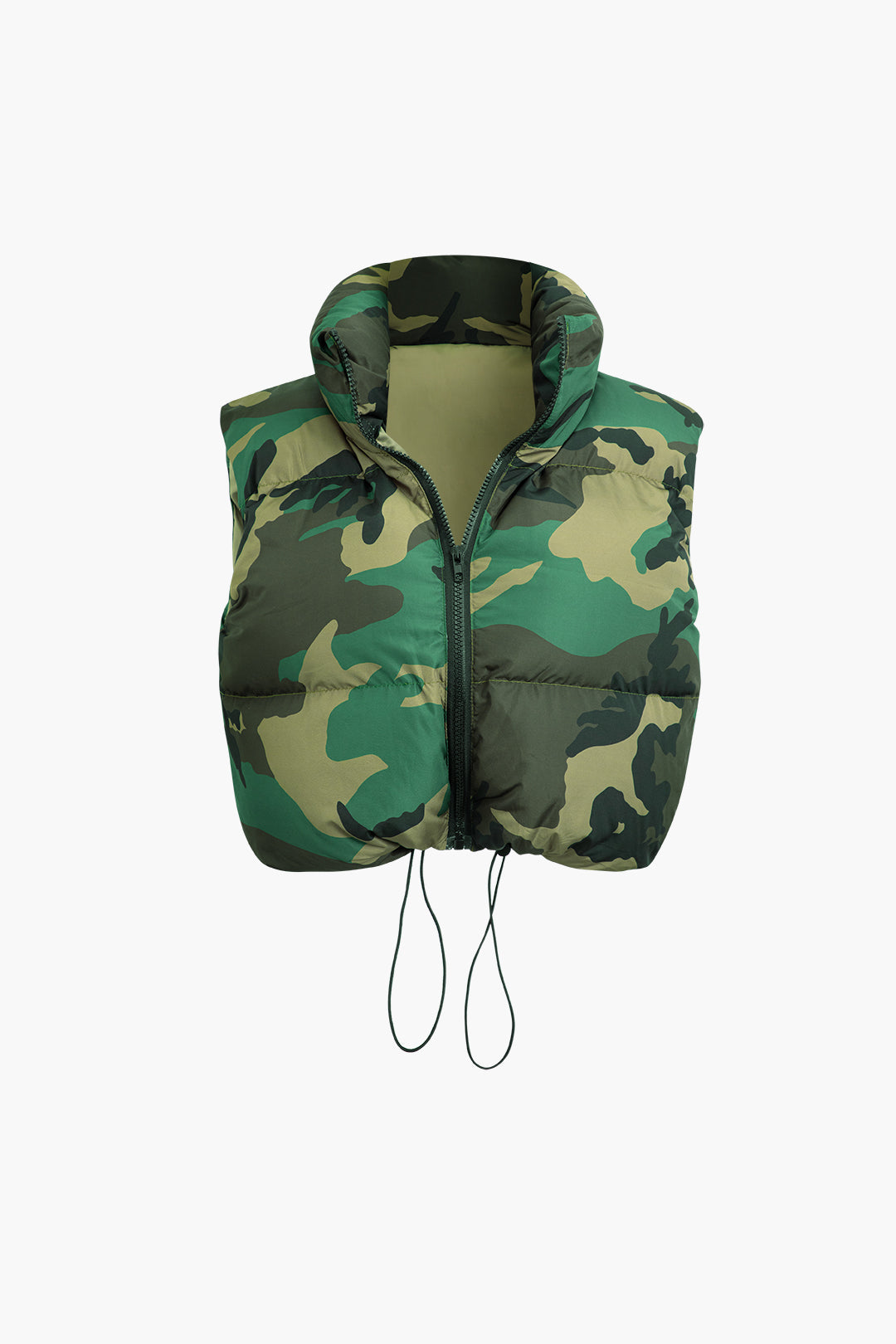 Camo Stand Collar Sleeveless Zipper Puffer Vest for Y2K Aesthetic and Grunge Style Outfits