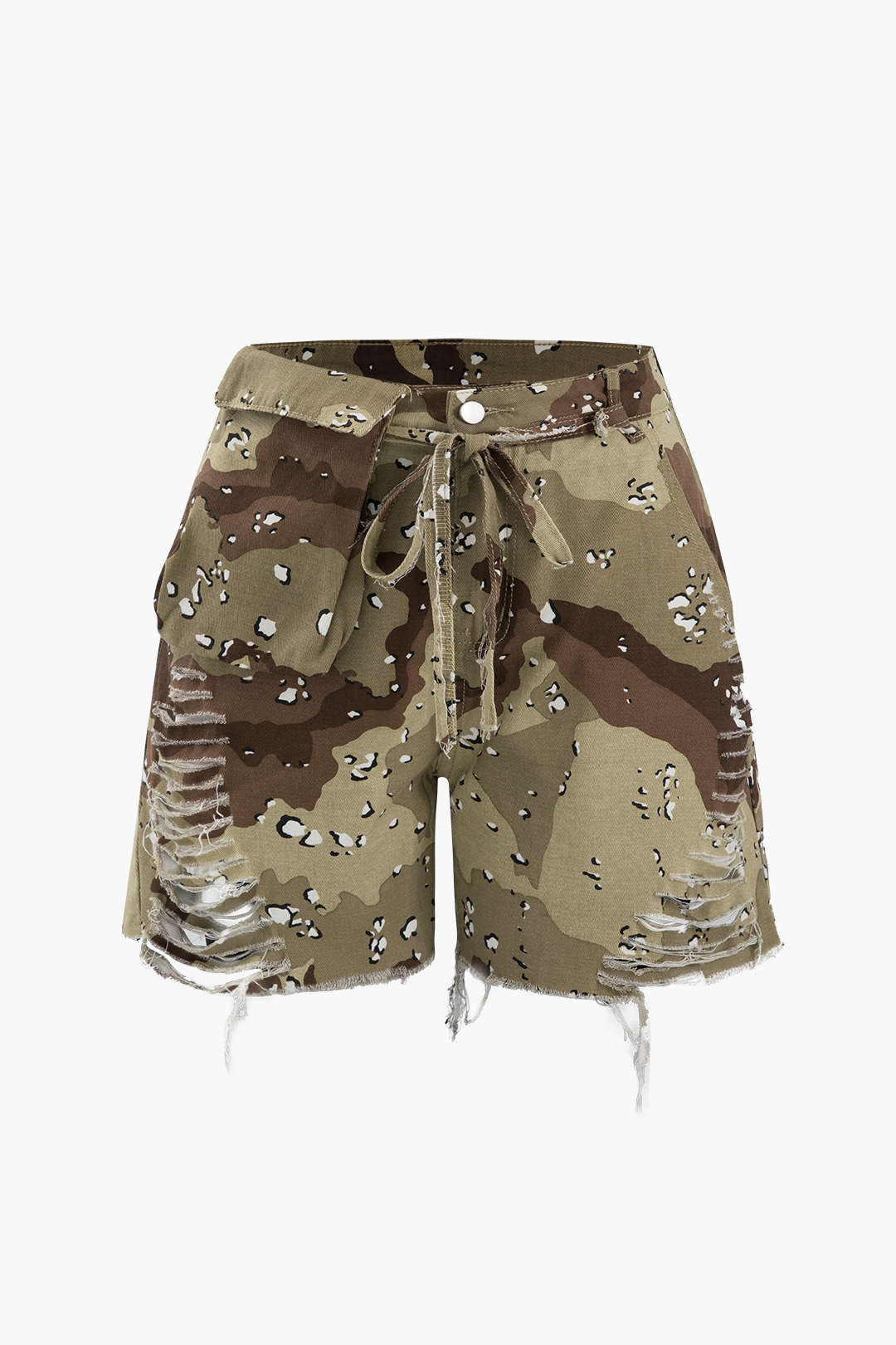 Camo Tie Waist Frayed Shorts - Y2K Aesthetic Cargo Style for Trendy Summer Outfits