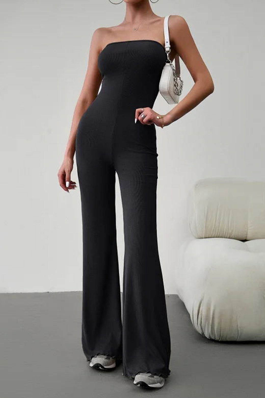 Chic Braided Tie Backless Strapless Flared Jumpsuit for Y2K Fashion Lovers