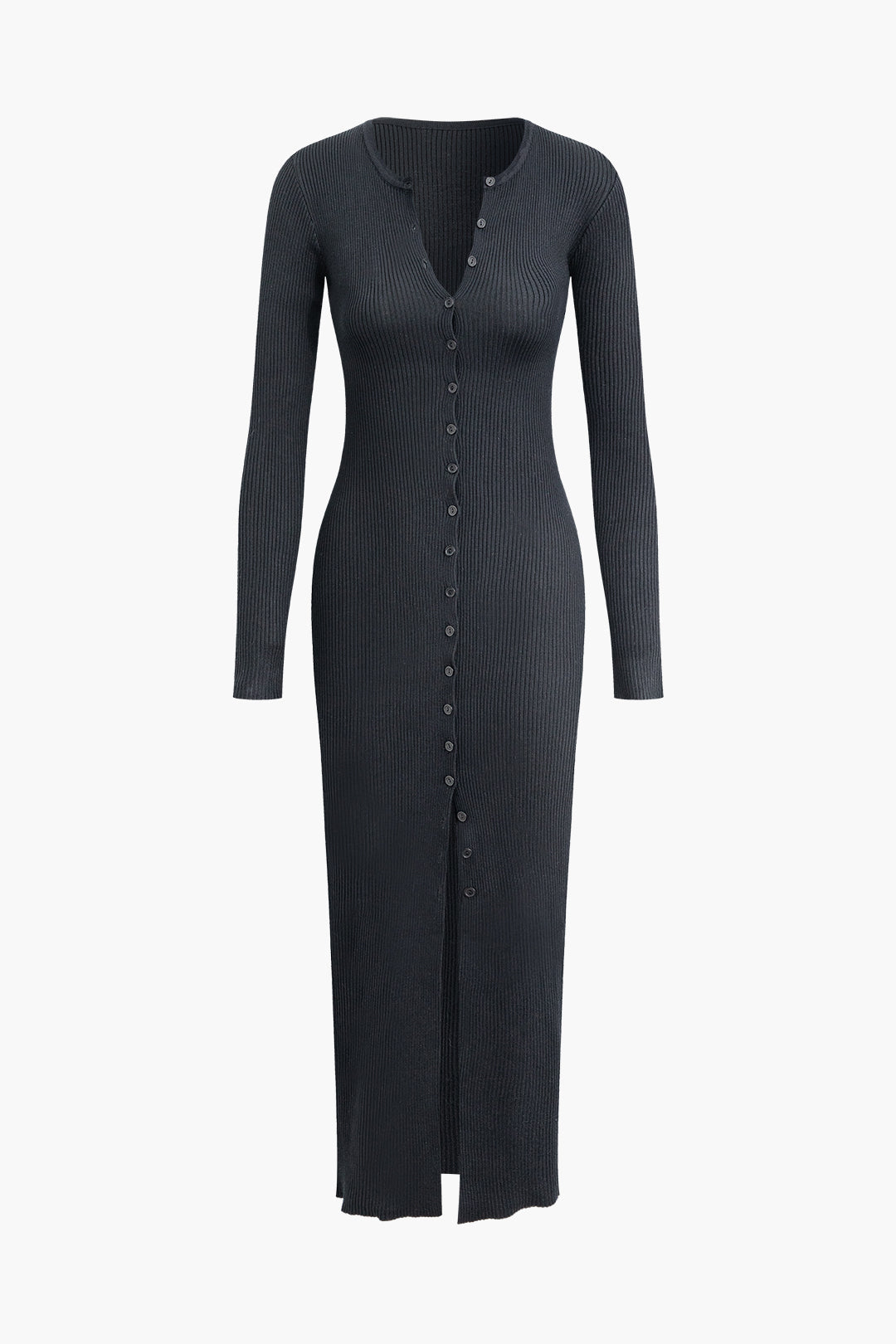 Chic Button-Up Ribbed Knit Long Sleeve Maxi Dress for Y2K Aesthetic Fashion Lovers