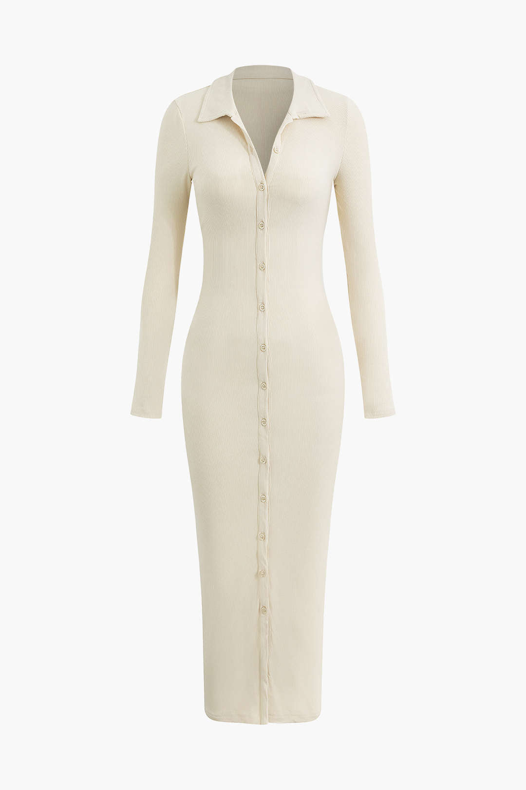 Chic Collared Button-Up Long Sleeve Rib Knit Midi Dress for Y2K and Coquette Aesthetic