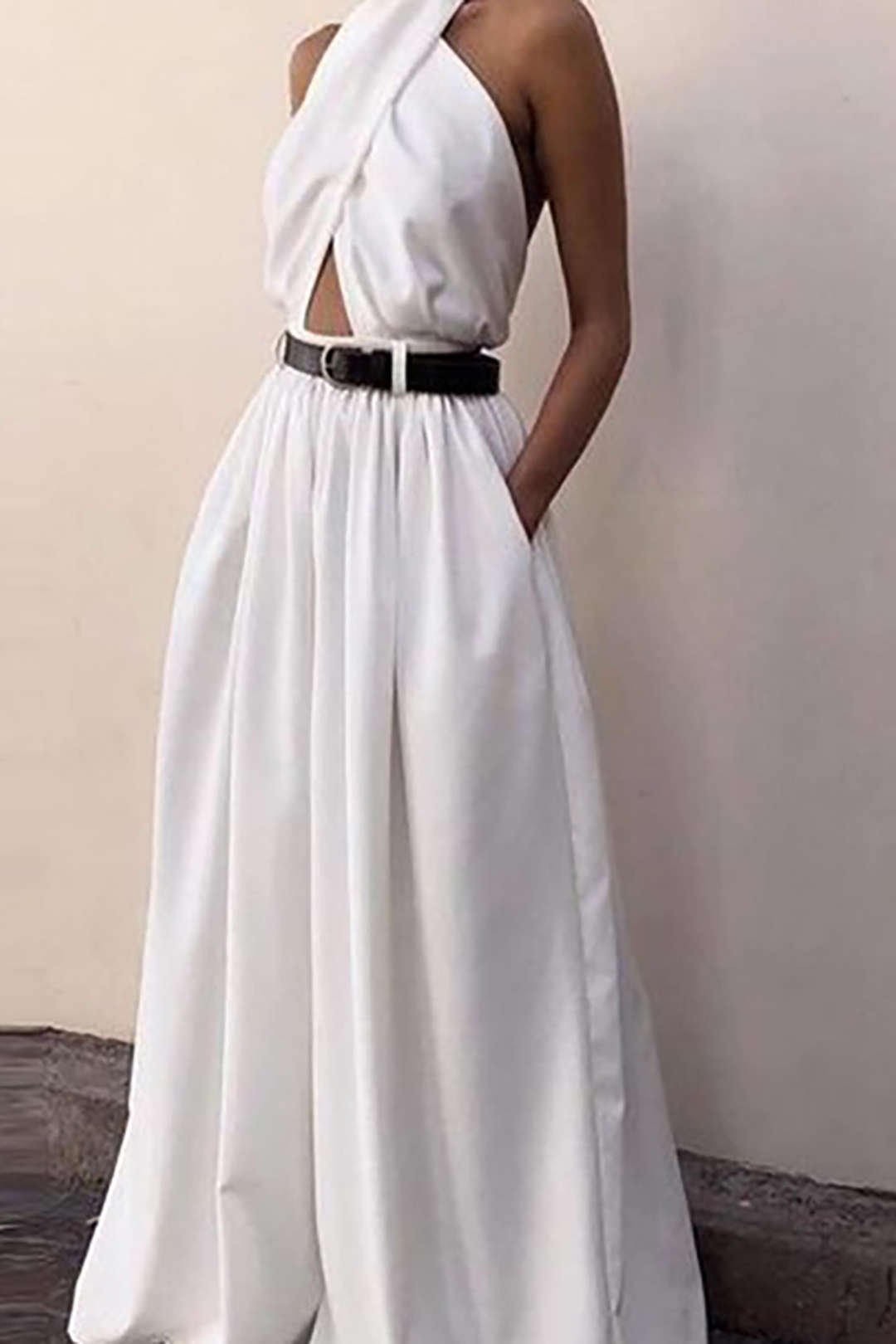 Chic Cross Cut Out Backless Pleated Wide Leg Jumpsuit for Y2K Fashion Lovers