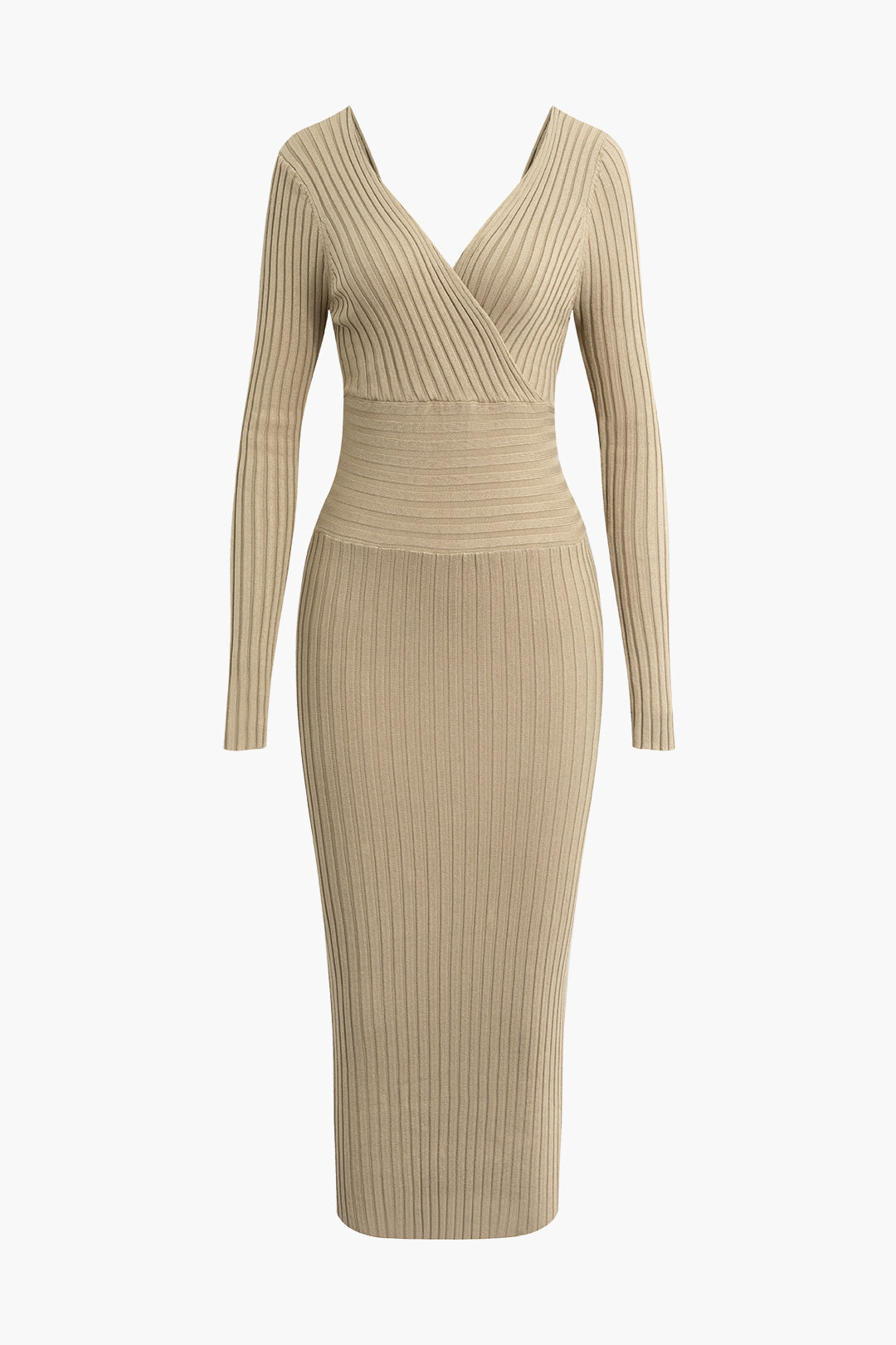 Chic Cross V-Neck Long Sleeve Rib Knit Midi Dress for Y2K Fashion Lovers