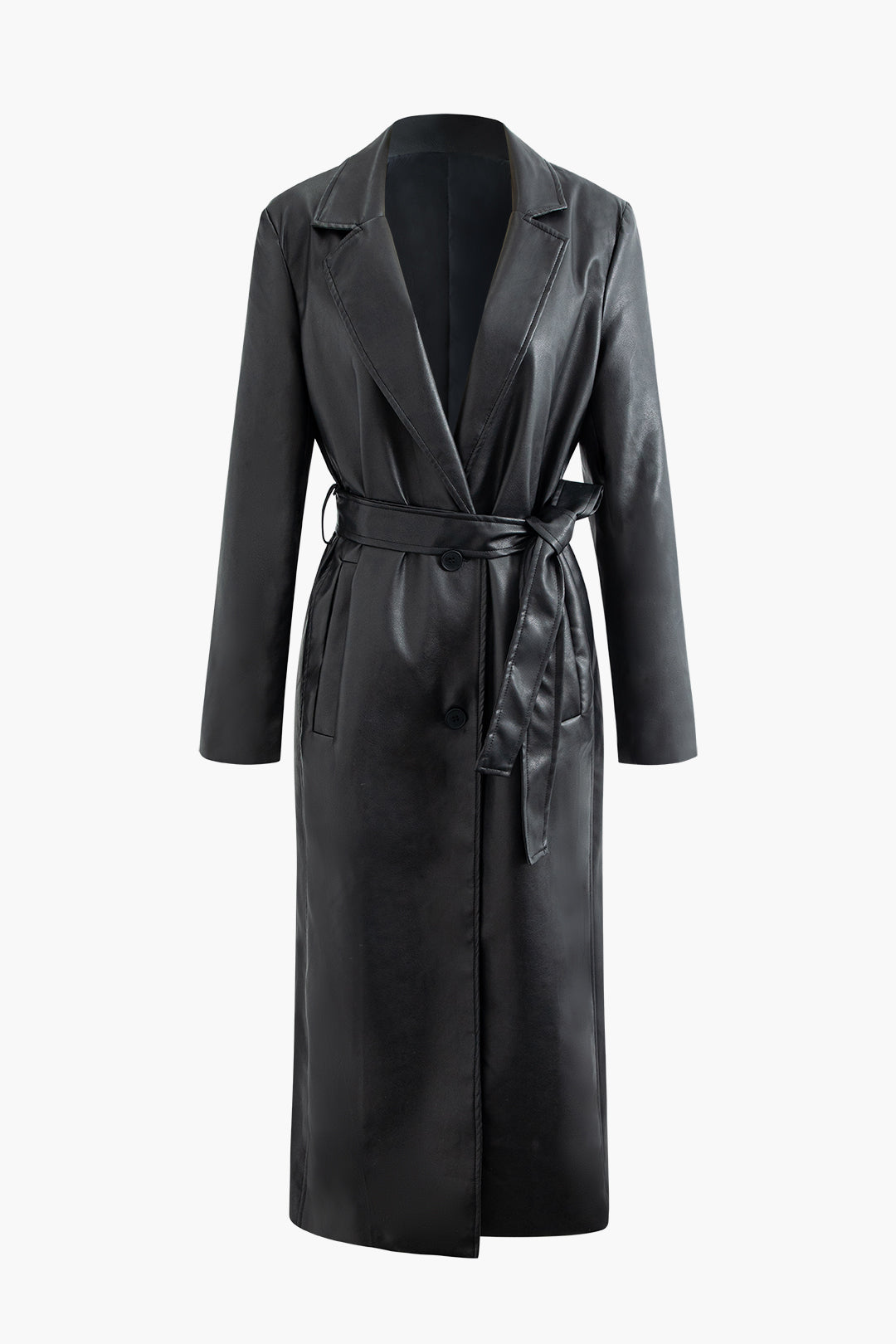 Chic Faux Leather Notched Lapel Belted Trench Coat for Y2K Aesthetic Fashion Lovers