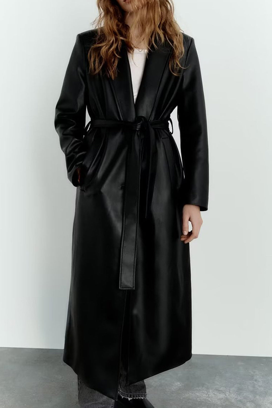 Chic Faux Leather Notched Lapel Belted Trench Coat for Y2K Aesthetic Fashion Lovers