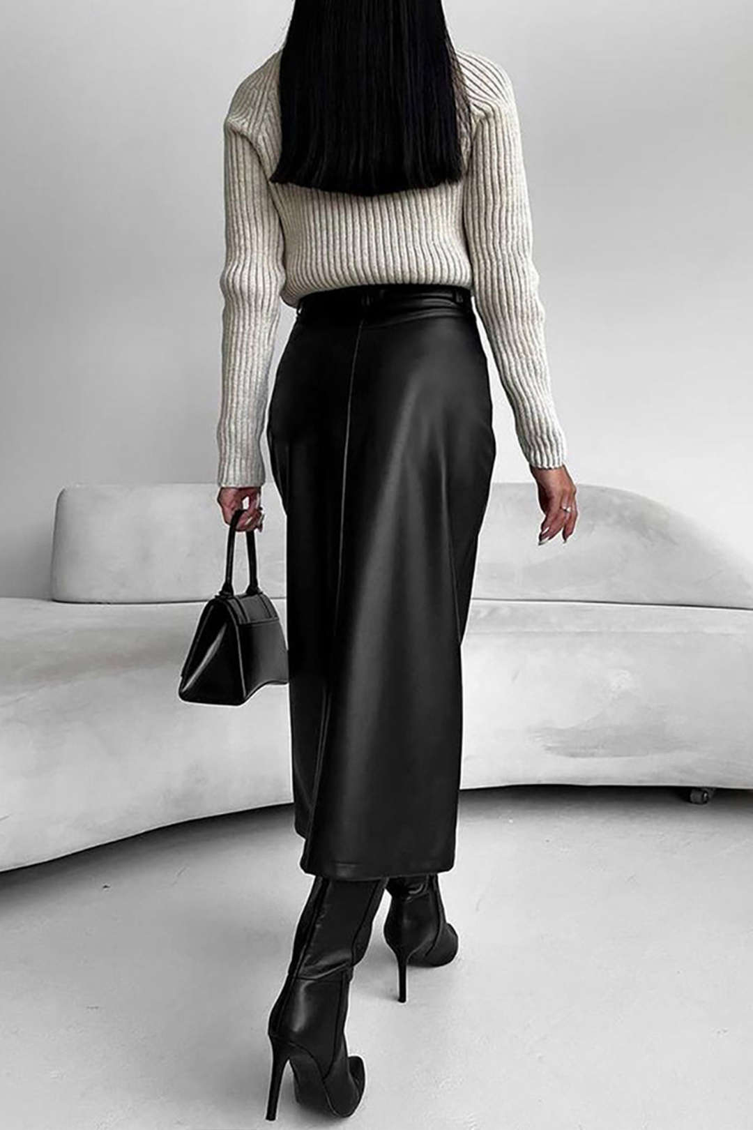 Chic Faux Leather Slit Front Midi Skirt for Y2K Aesthetic and Grunge Style Lovers