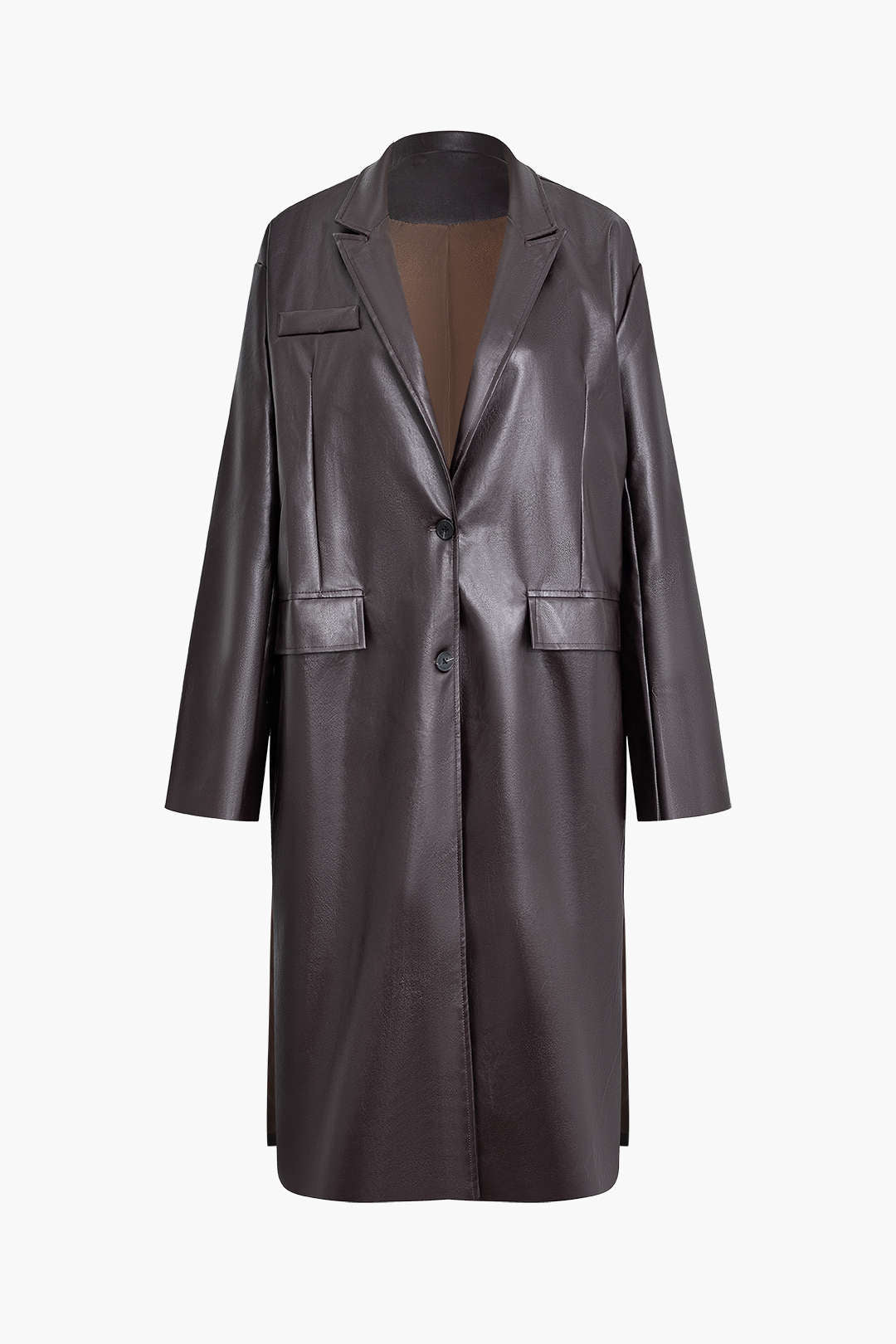 Chic Flap Pocket Faux Leather Notched Lapel Coat for Y2K and Grunge Aesthetic Outfits