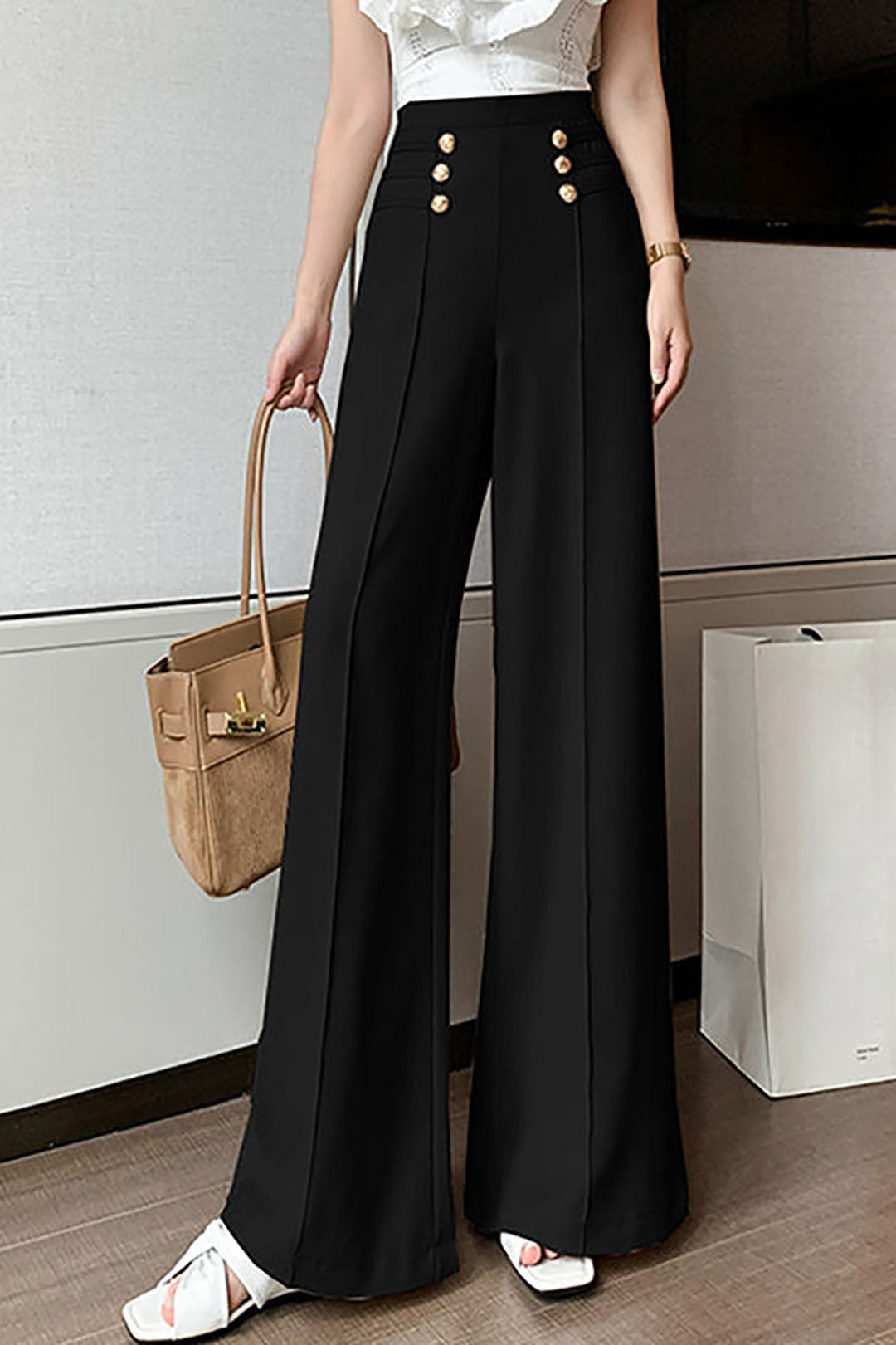 Chic Gold Button Detail High-Waisted Wide Leg Pants for Y2K Fashion Lovers