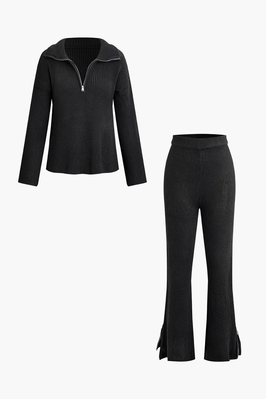 Chic Half Zipper Stand Collar Long Sleeve Top & High Waist Slit Flare Pants Set for Y2K Style