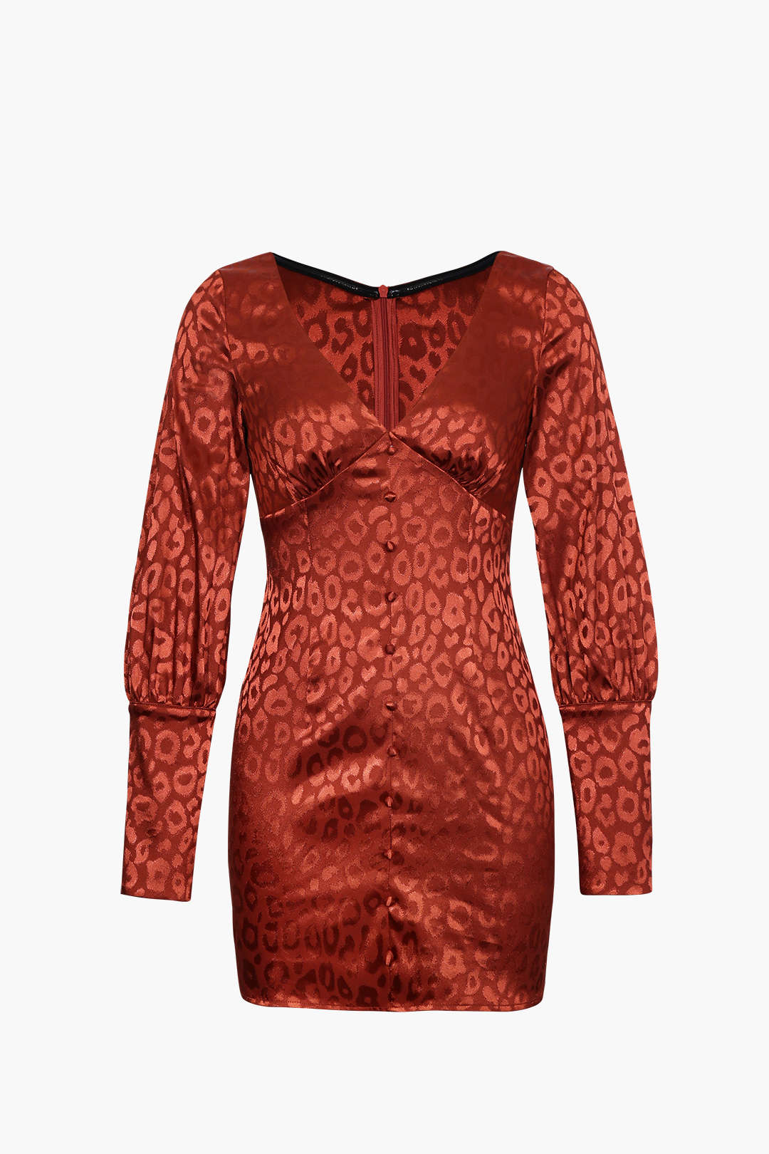 Chic Jacquard Satin V Neck Button-Up Long Sleeve Mini Dress for Y2K Aesthetic Style