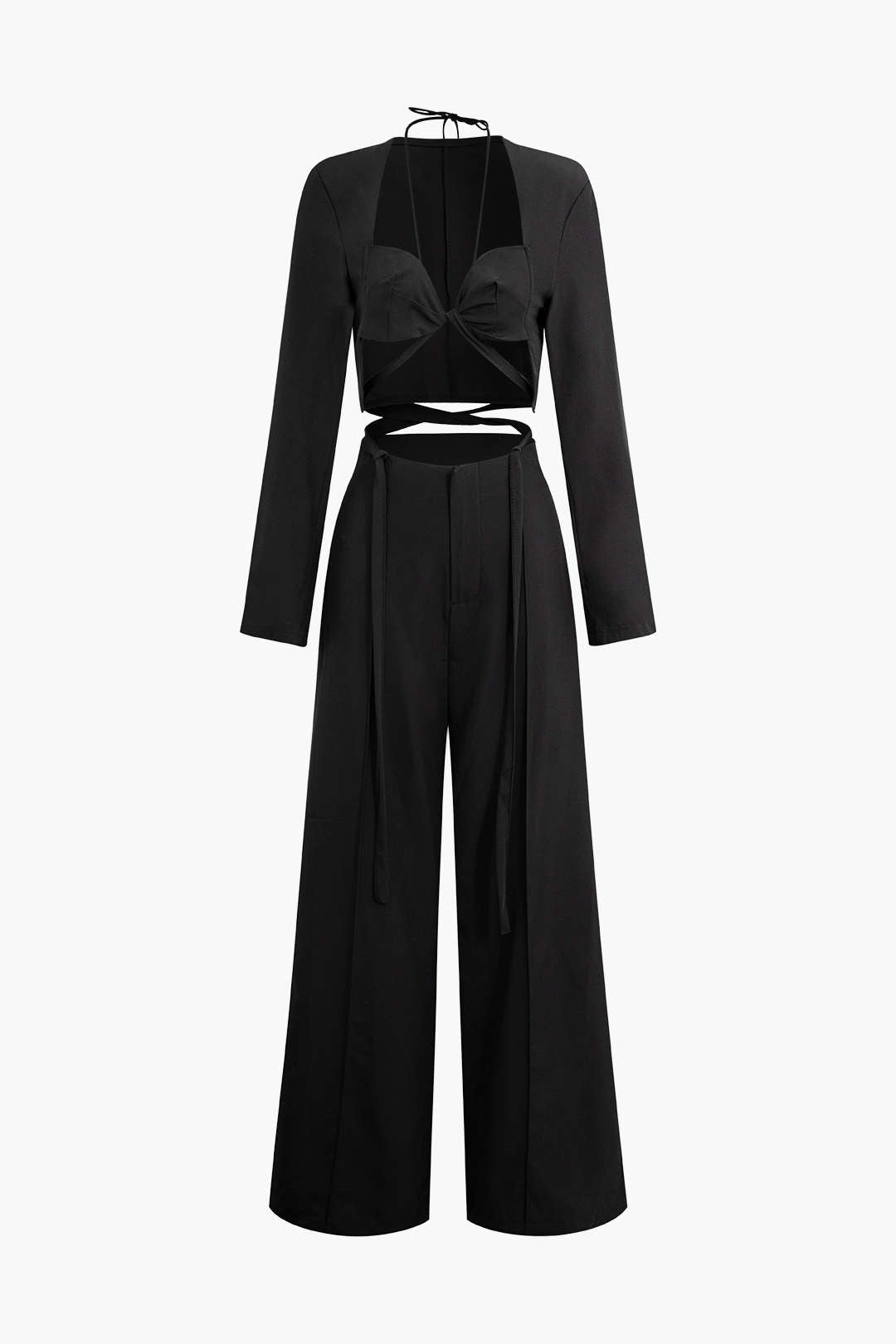 Chic Long Sleeve Halter Tie Crop Top & Wide Leg Pants Set for Y2K Aesthetic Outfits