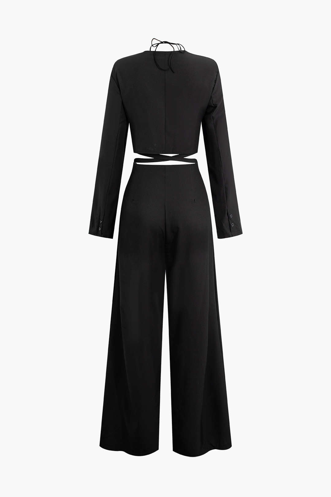 Chic Long Sleeve Halter Tie Crop Top & Wide Leg Pants Set for Y2K Aesthetic Outfits