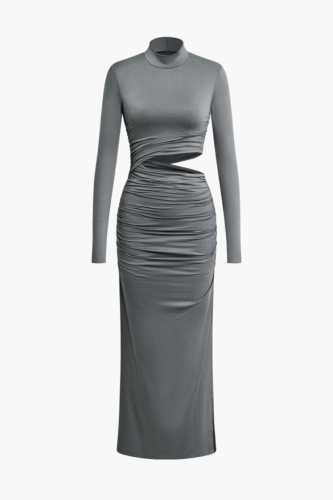 Chic Mock Neck Cut Out Ruched Long Sleeve Midi Dress for Y2K Aesthetic Fashion Lovers