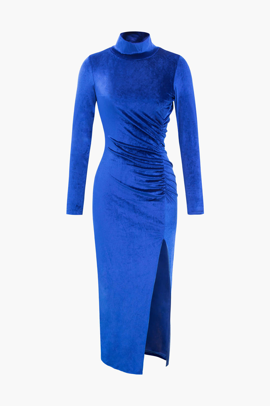 Chic Mock Neck Velvet Ruched Slit Midi Dress for Y2K Aesthetic and Coquette Style