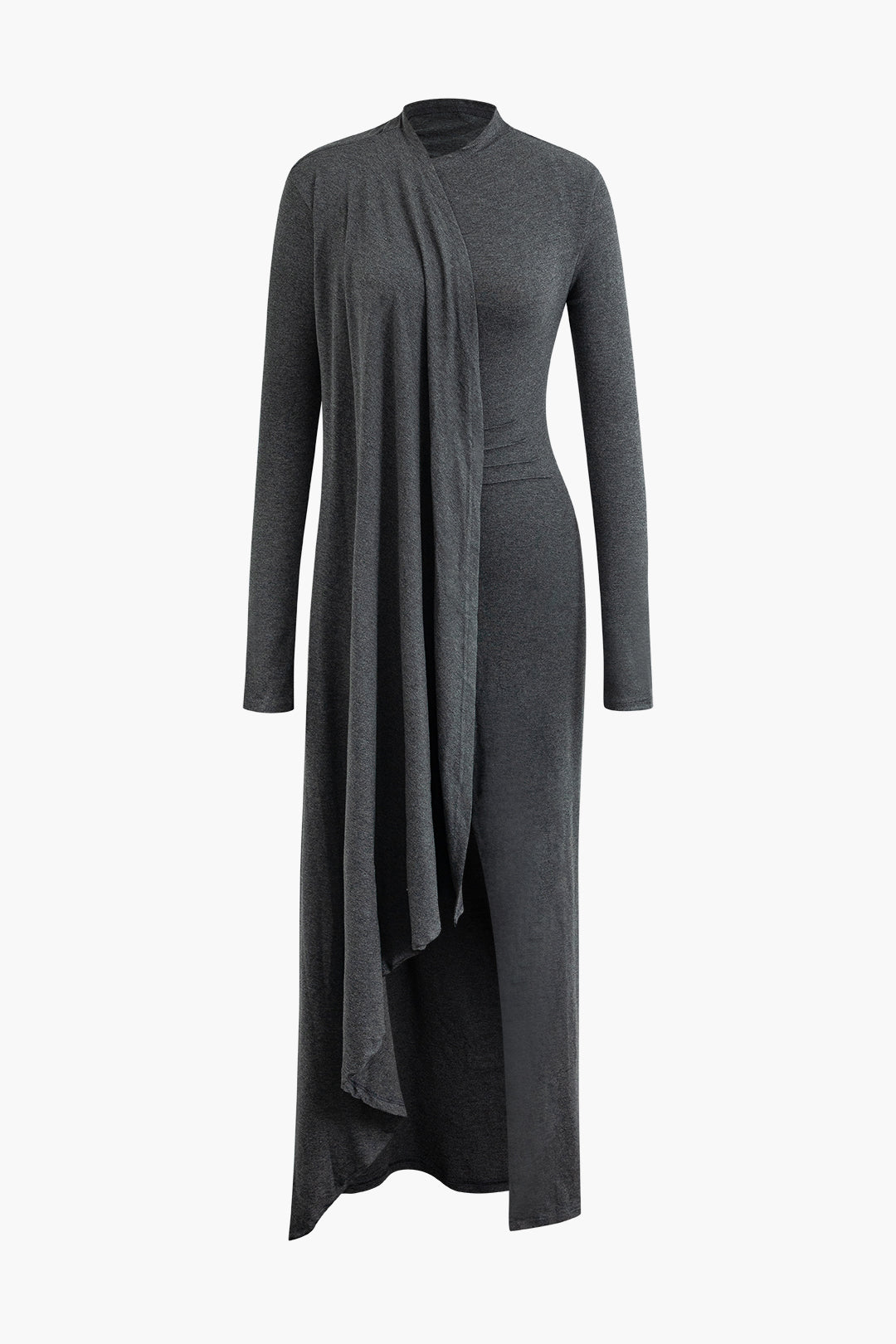 Chic Mock Neck Wrap Ruched Long Sleeve Slit Maxi Dress for Y2K and Coquette Aesthetic