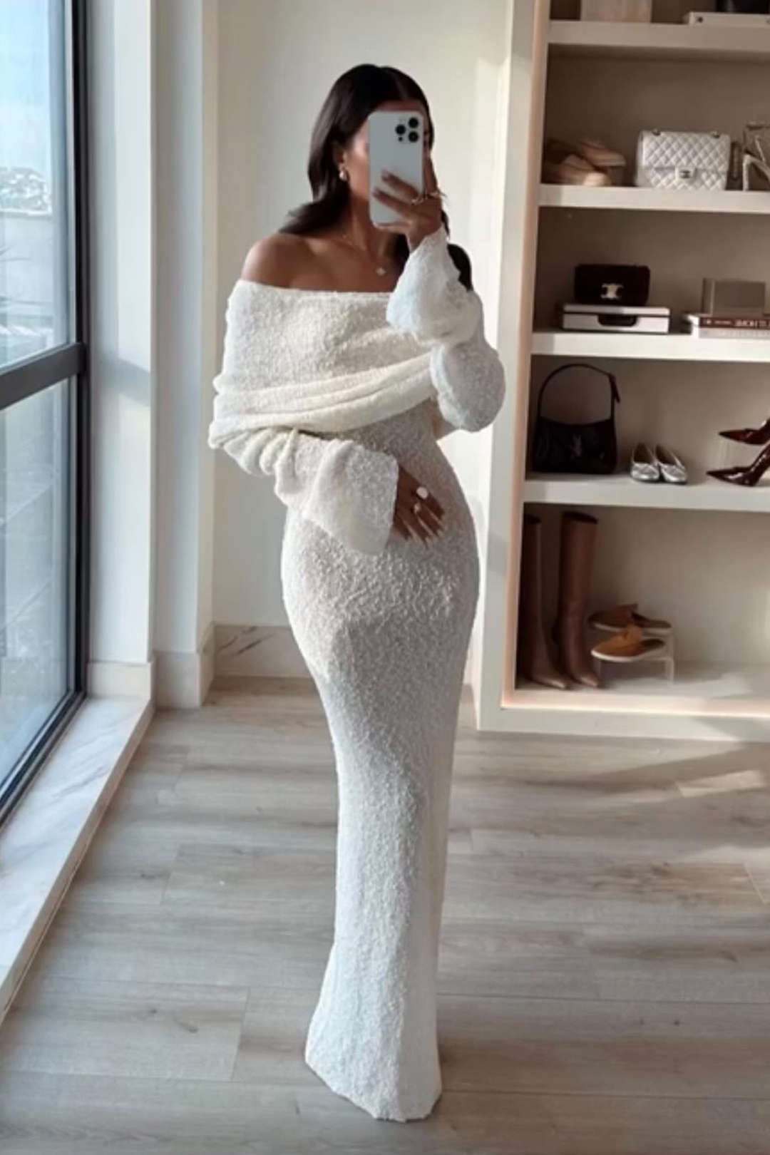 Chic Off Shoulder Open Knit Maxi Dress for Y2K Fashion Lovers and Coquette Aesthetic Enthusiasts