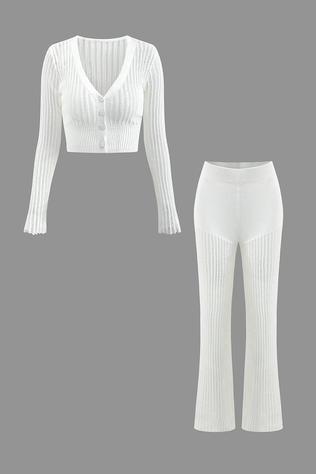 Chic Open Knit V-Neck Button-Up Long Sleeve Top & High-Waist Pants Set for Y2K Aesthetic