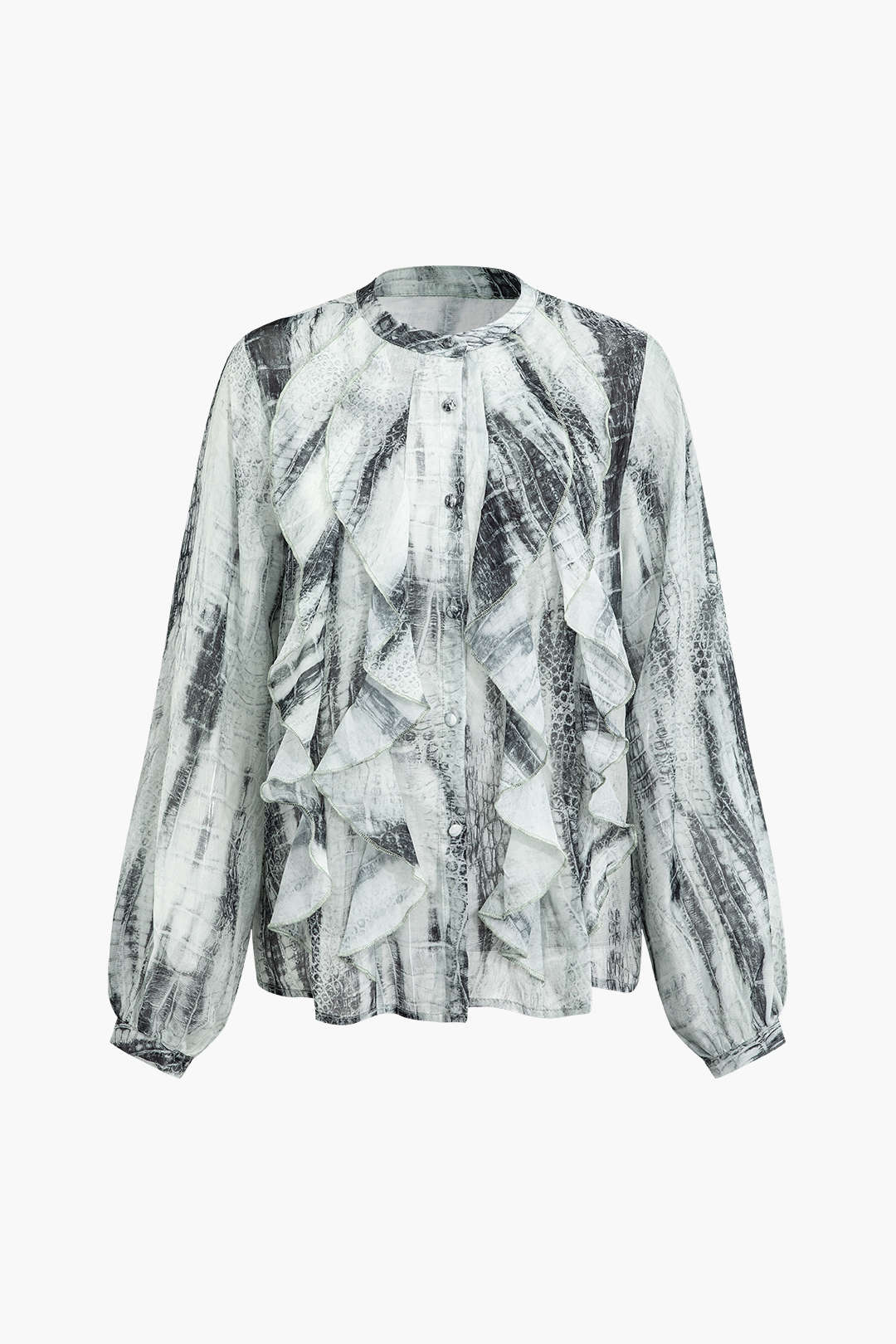 Chic Printed Button-Up Ruffle Front Long Sleeve Blouse for Y2K Aesthetic Outfits