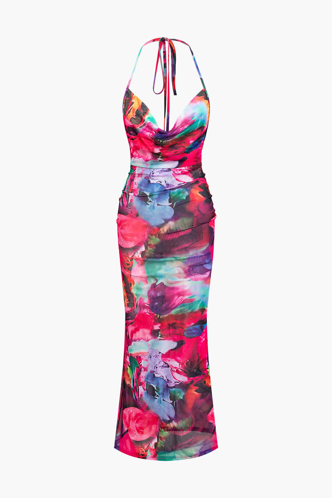 Chic Printed Cowl Neck Halter Backless Maxi Dress for Y2K Aesthetic Fashion Lovers