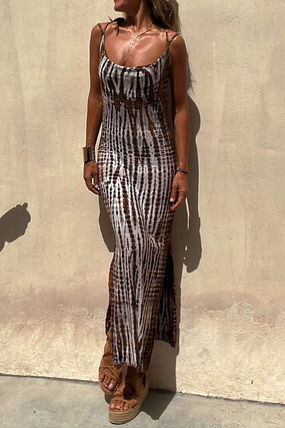 Chic Printed Square Neck Slit Maxi Dress for Y2K Aesthetic and Coquette Style