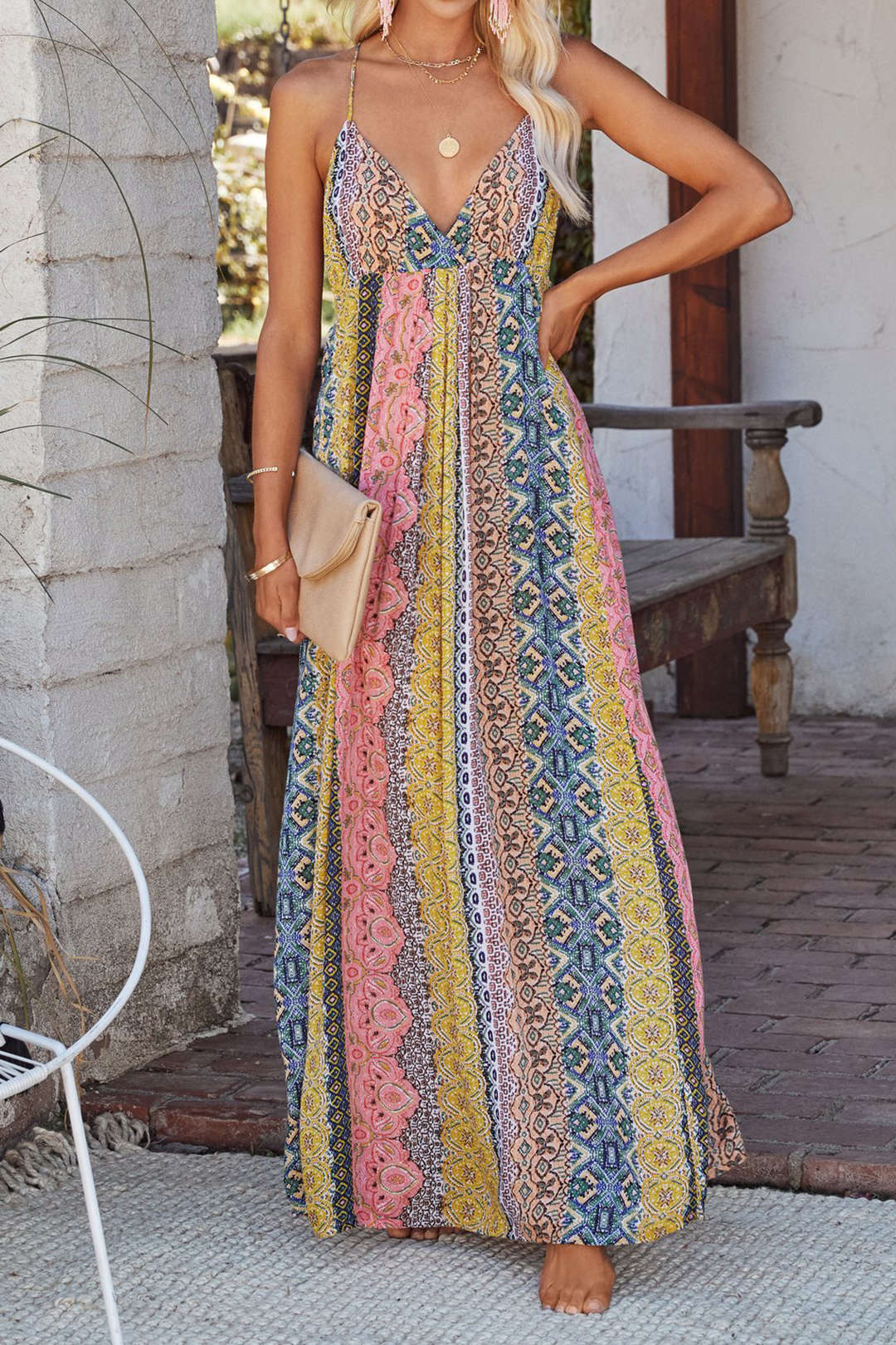 Chic Printed V-Neck Backless Slip Maxi Dress for Y2K Aesthetic and Coquette Style