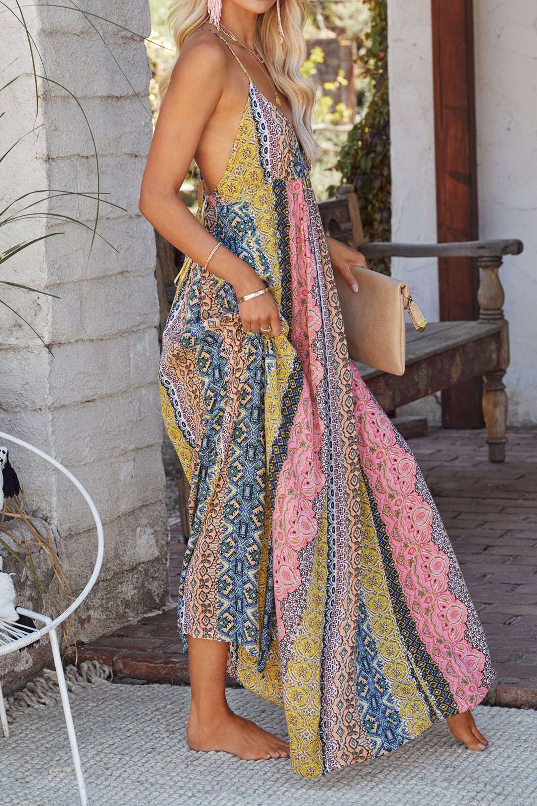 Chic Printed V-Neck Backless Slip Maxi Dress for Y2K Aesthetic and Coquette Style