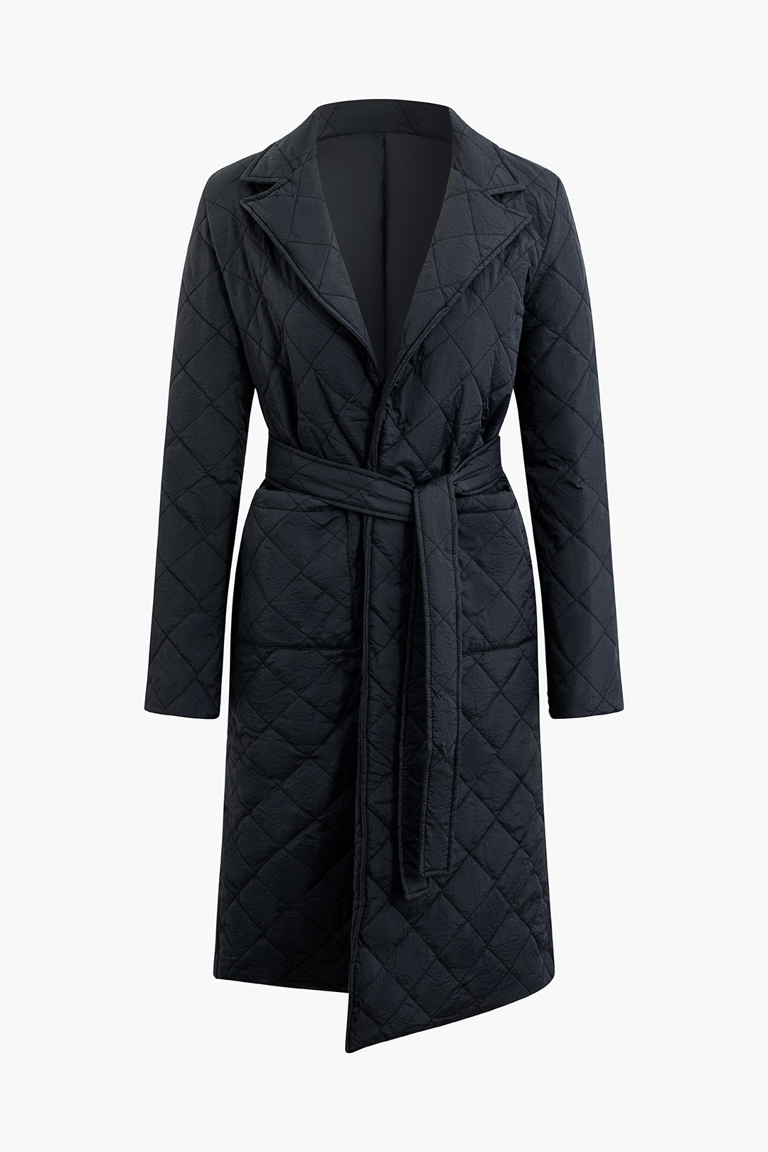 Chic Quilted Notched Lapel Belted Long Coat for Y2K Fashion and Coquette Aesthetic