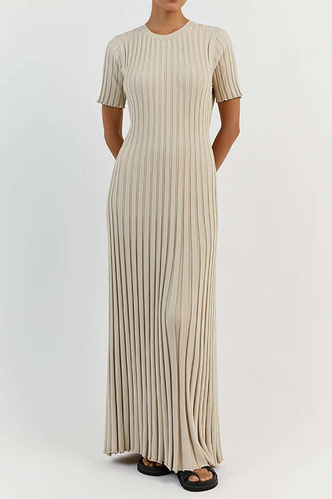 Chic Round Neck Tie Waist Rib Knit Maxi Dress for Effortless Y2K Aesthetic Style