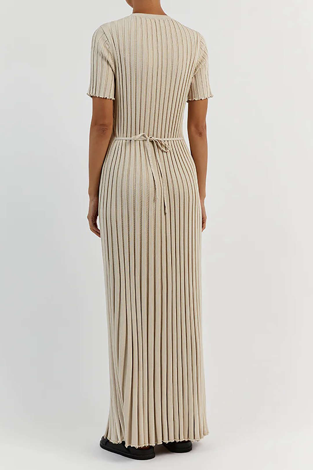 Chic Round Neck Tie Waist Rib Knit Maxi Dress for Effortless Y2K Aesthetic Style