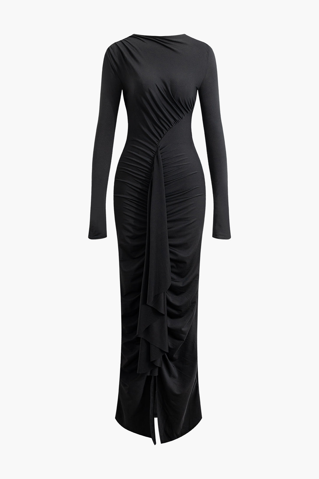 Chic Ruched Slit Long Sleeve Maxi Dress for Y2K Fashion and Coquette Aesthetic Styles