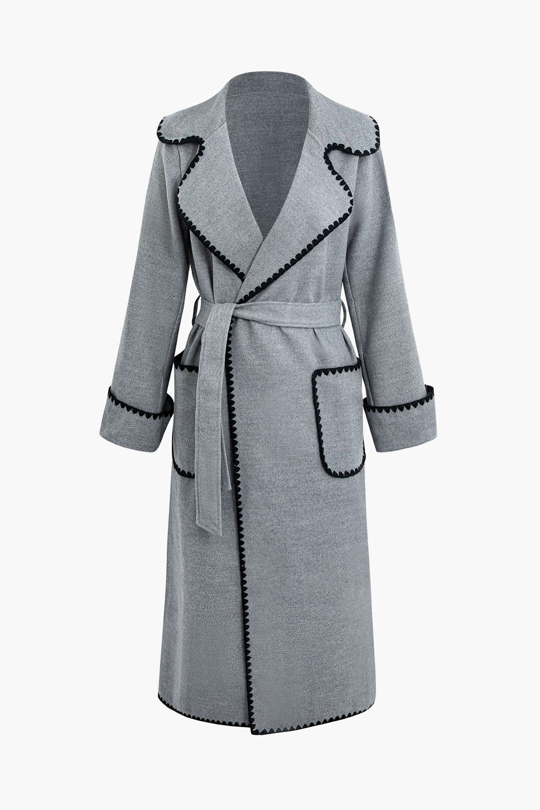 Chic Scallop Trim Notched Lapel Belted Long Coat for Y2K Fashion Lovers