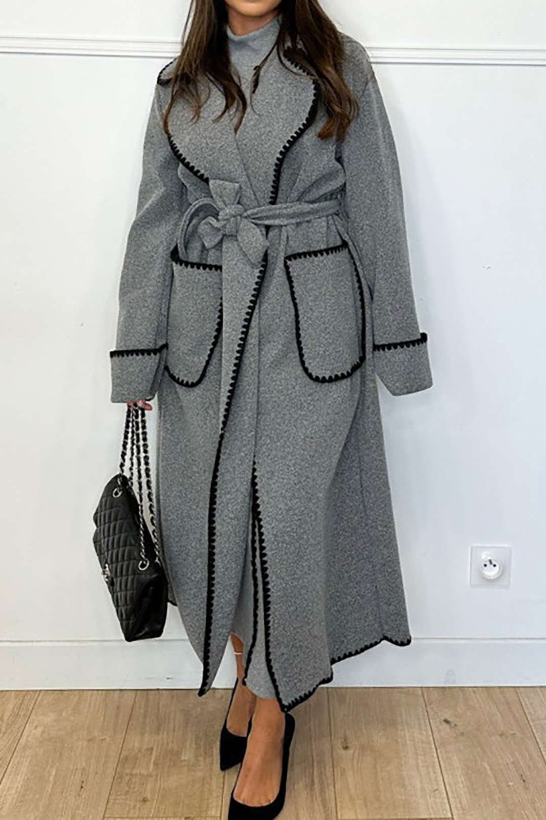 Chic Scallop Trim Notched Lapel Belted Long Coat for Y2K Fashion Lovers