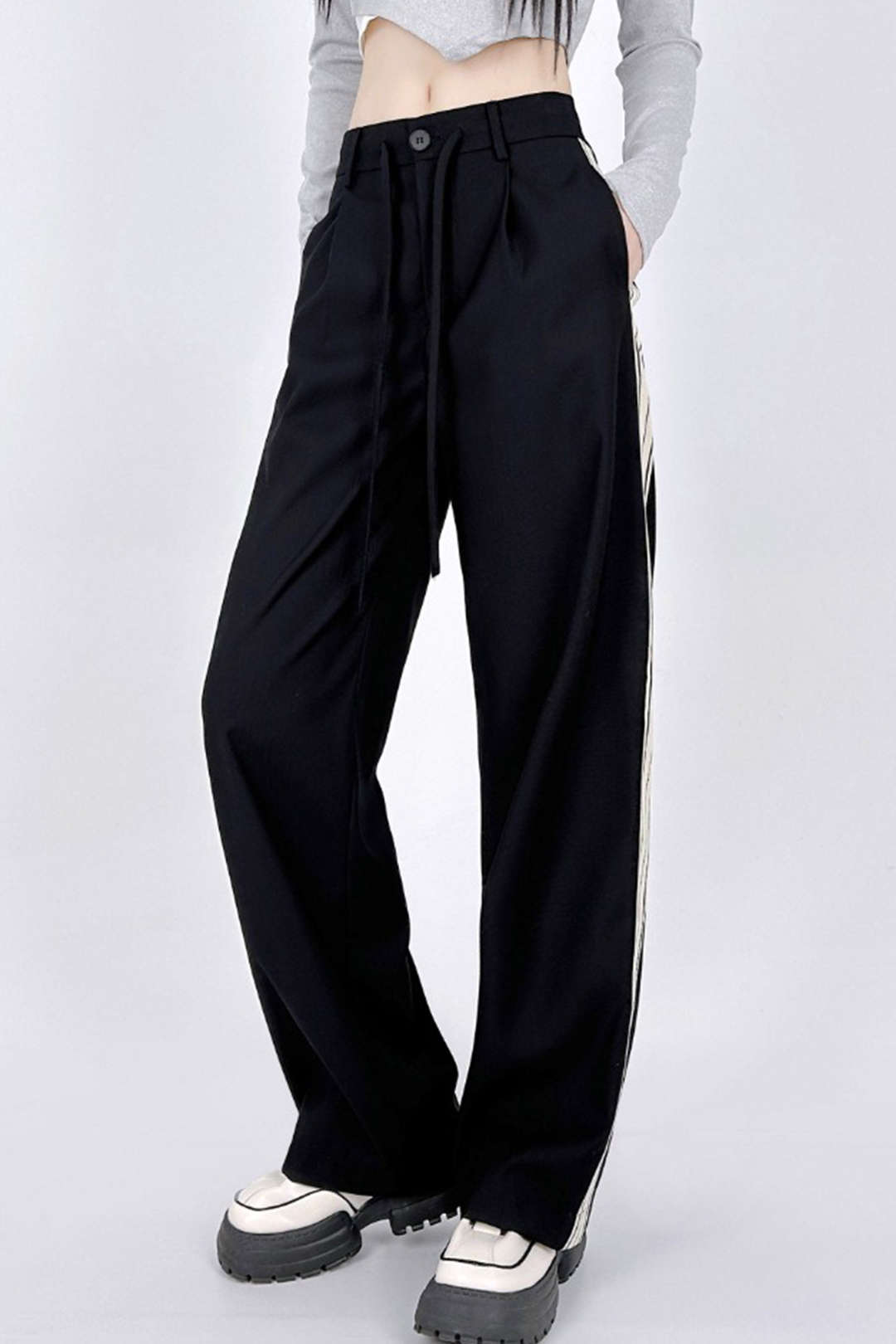 Chic Side Stripe Tie Waist Straight Leg Pants for Y2K Aesthetic and Coquette Style