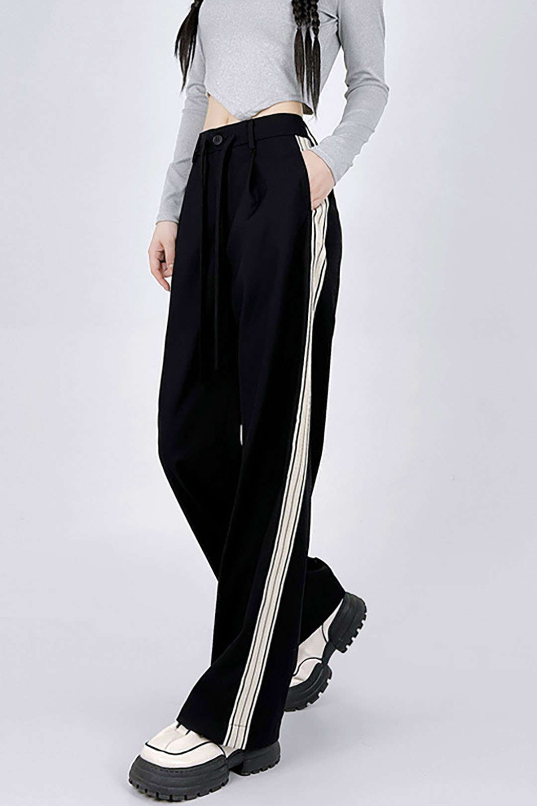 Chic Side Stripe Tie Waist Straight Leg Pants for Y2K Aesthetic and Coquette Style