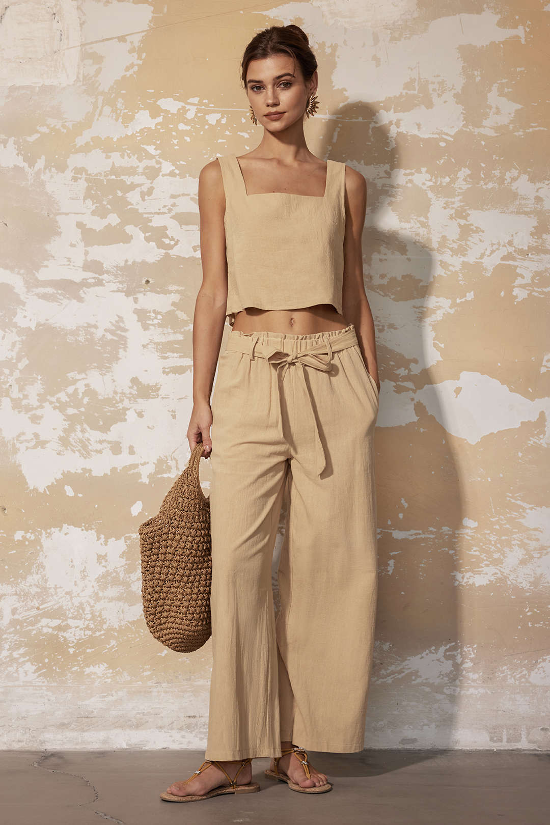 Chic Solid Cami Top with Pleated Wide Leg Pants Set for Effortless Y2K Aesthetic Style