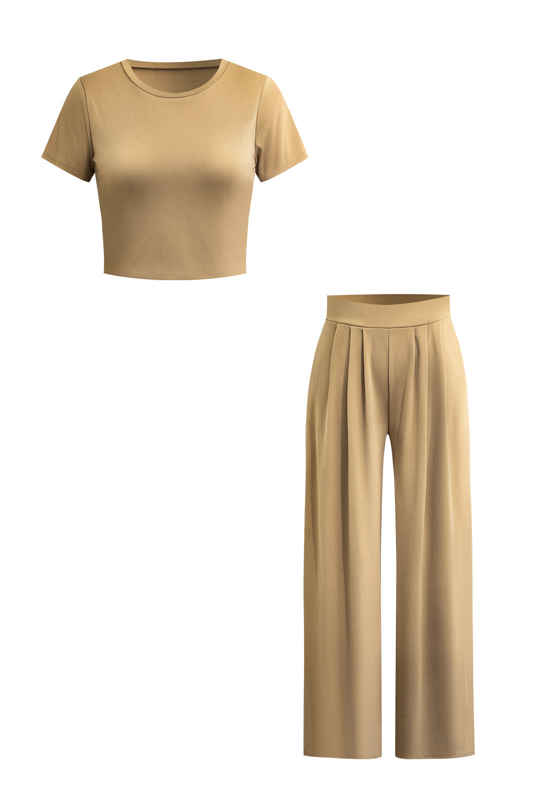 Chic Solid Crop Top and Pleated High-Waist Wide-Leg Pants Set for Y2K Aesthetic Outfits