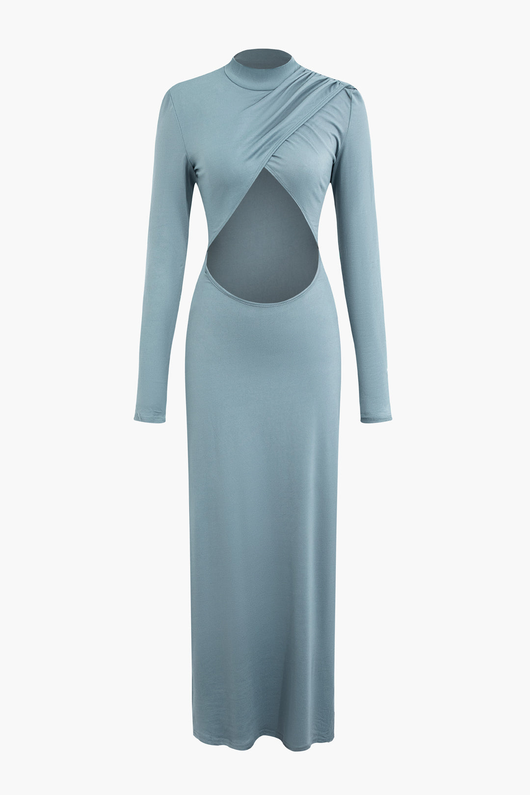 Chic Solid Cross Cut Out Mock Neck Long Sleeve Maxi Dress for Y2K Aesthetic Style