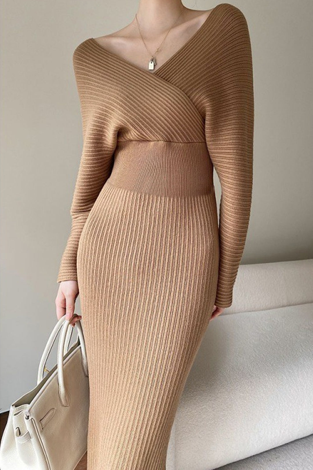 Chic Solid Cross V-Neck Long Sleeve Sweater Dress for Y2K Aesthetic Fashion Lovers