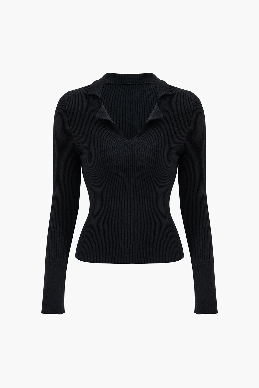 Chic Solid Lapel V-Neck Long Sleeve Knit Top for Y2K Fashion and Coquette Aesthetic