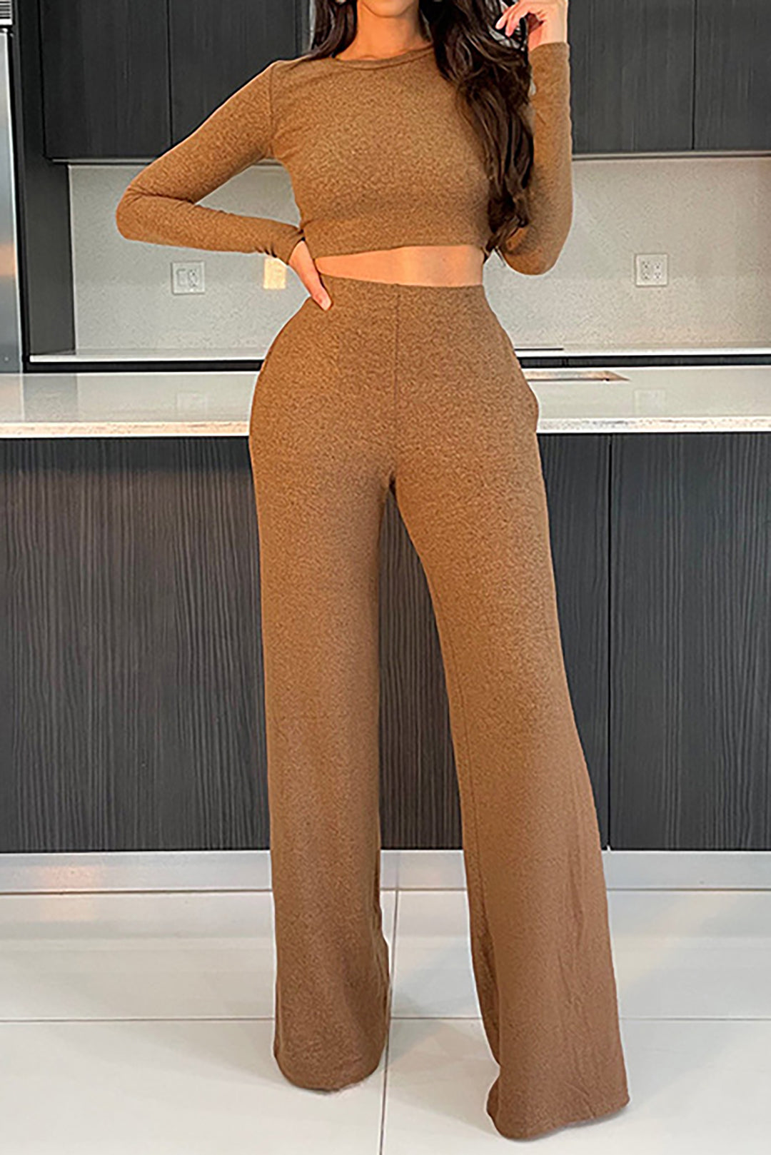 Chic Solid Long Sleeve Crop Top and Straight Leg Pants Set for Y2K Aesthetic Outfits