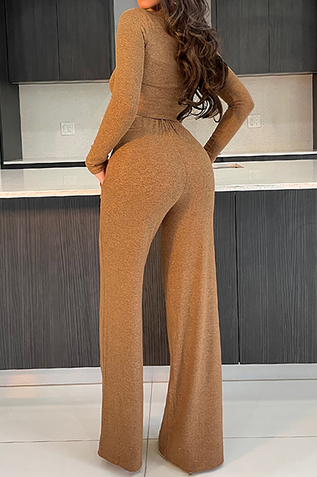 Chic Solid Long Sleeve Crop Top and Straight Leg Pants Set for Y2K Aesthetic Outfits