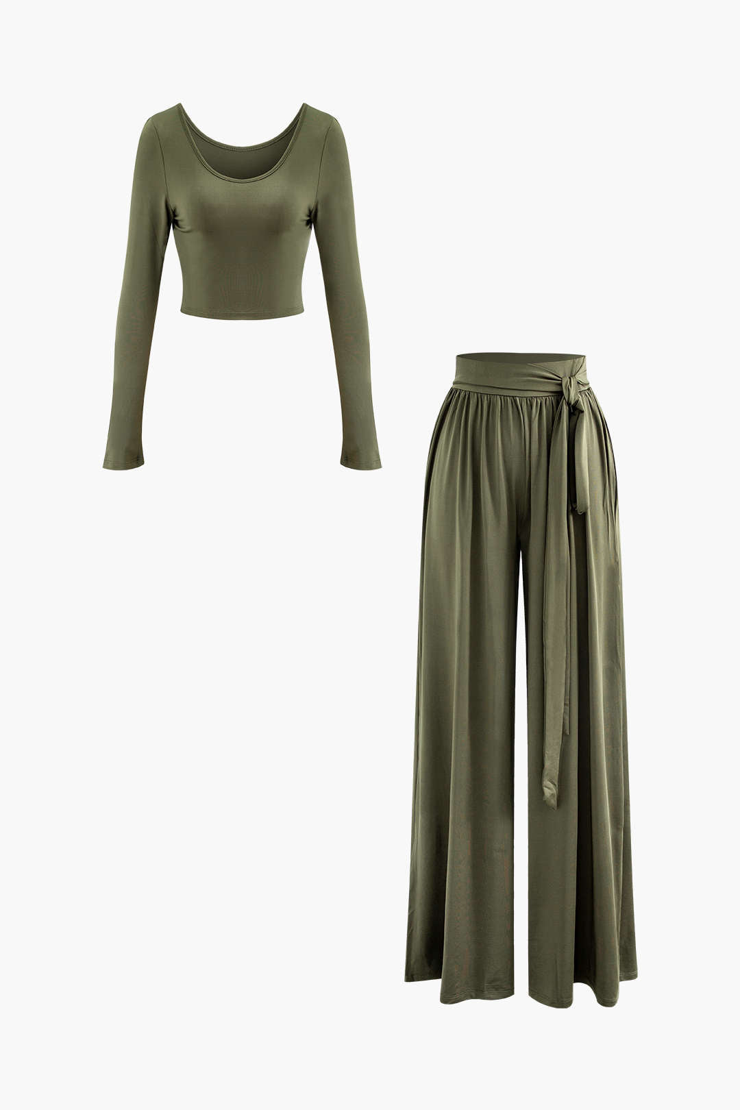 Chic Solid Long Sleeve Top with Tie Waist Pleated Pants Set for Effortless Y2K Style