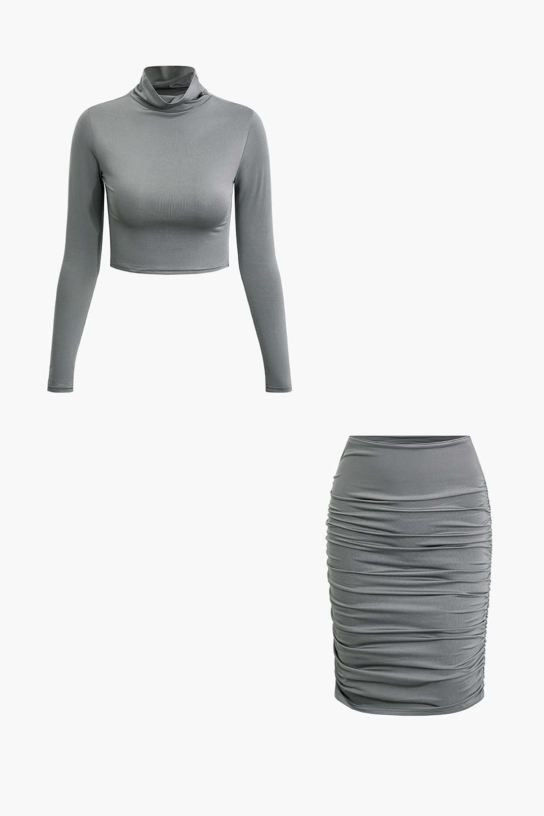 Chic Solid Mock Neck Long Sleeve Crop Top & Ruched Midi Skirt Set for Y2K Aesthetic Outfits